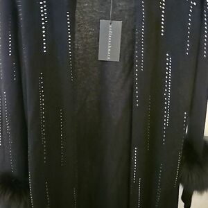 New Black cashmere, fur lined cardigan with rhinestones